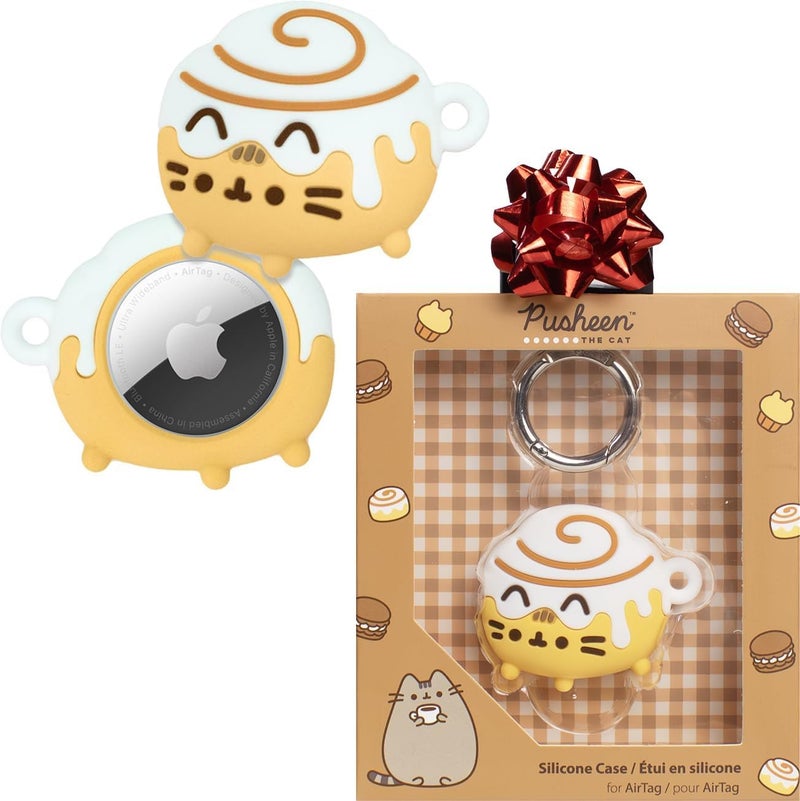 iFace x Pusheen Café Series Silicone Protective Cover [ Compatible with Apple AirTag][Cute Character Case] [Carabiner Keychain Clip Included] - Cinnamon Roll - Image 1